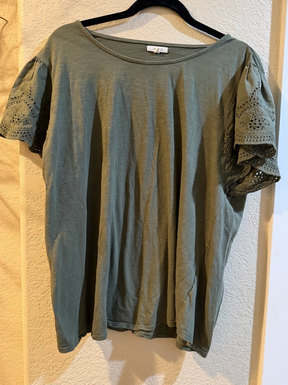 Maurices Olive Eyelet Flutter Sleeve Tee Shirt